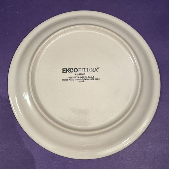 (5) Vintage Ekco Eterna Camelot 6 3/8” Saucers Stoneware Cream w/ Brown Band - Picture 3 of 4